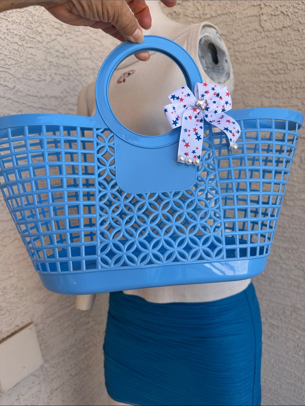 Blue Circular-Handle Tote Bag - Lightweight Beach & Market Bag with Bow Clip